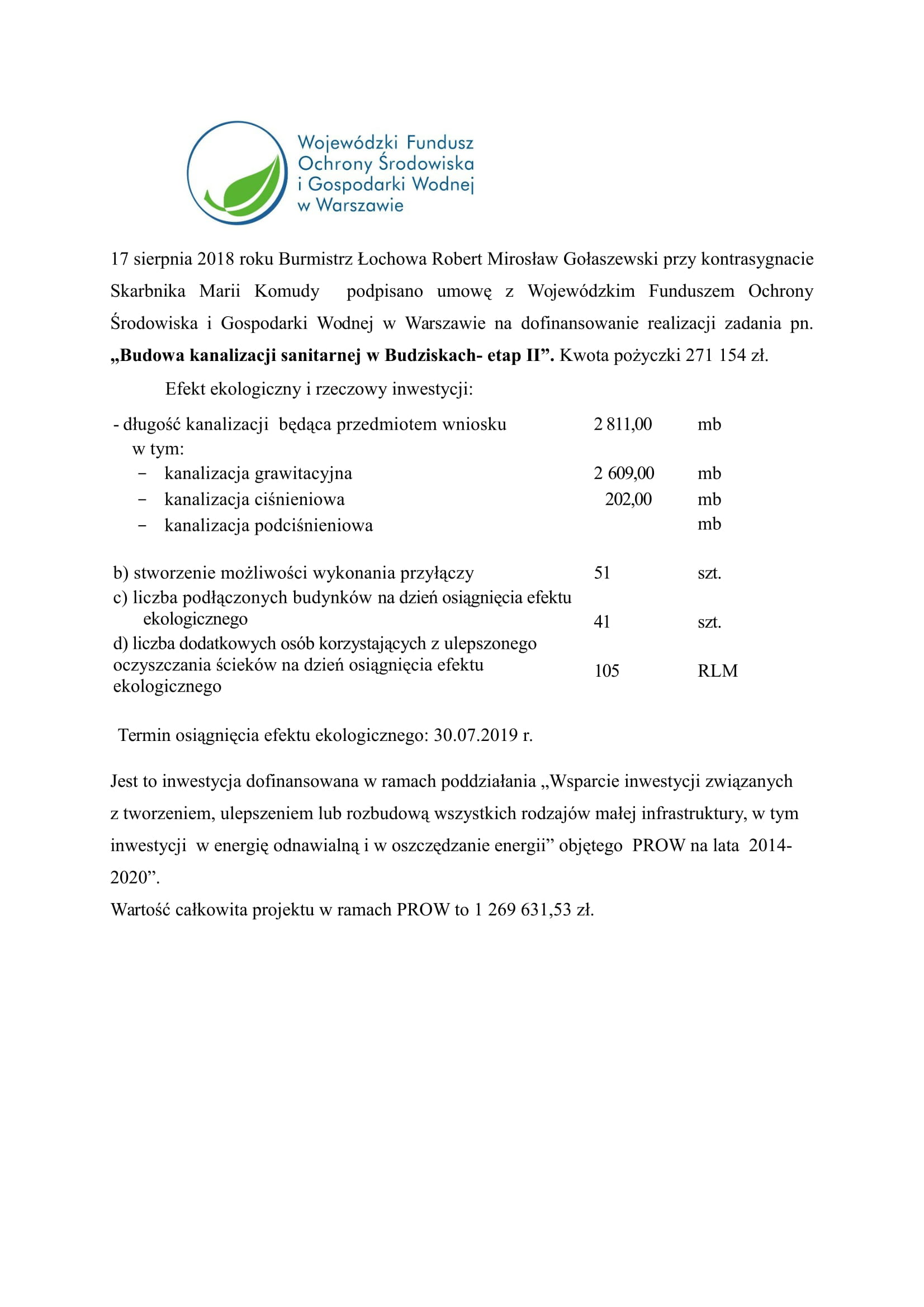 Informacja o dofinansowaniu realizacji zadania pn. „Budowa kanalizacji sanitarnej w Budziskach- etap II” z pożyczki WFOŚ