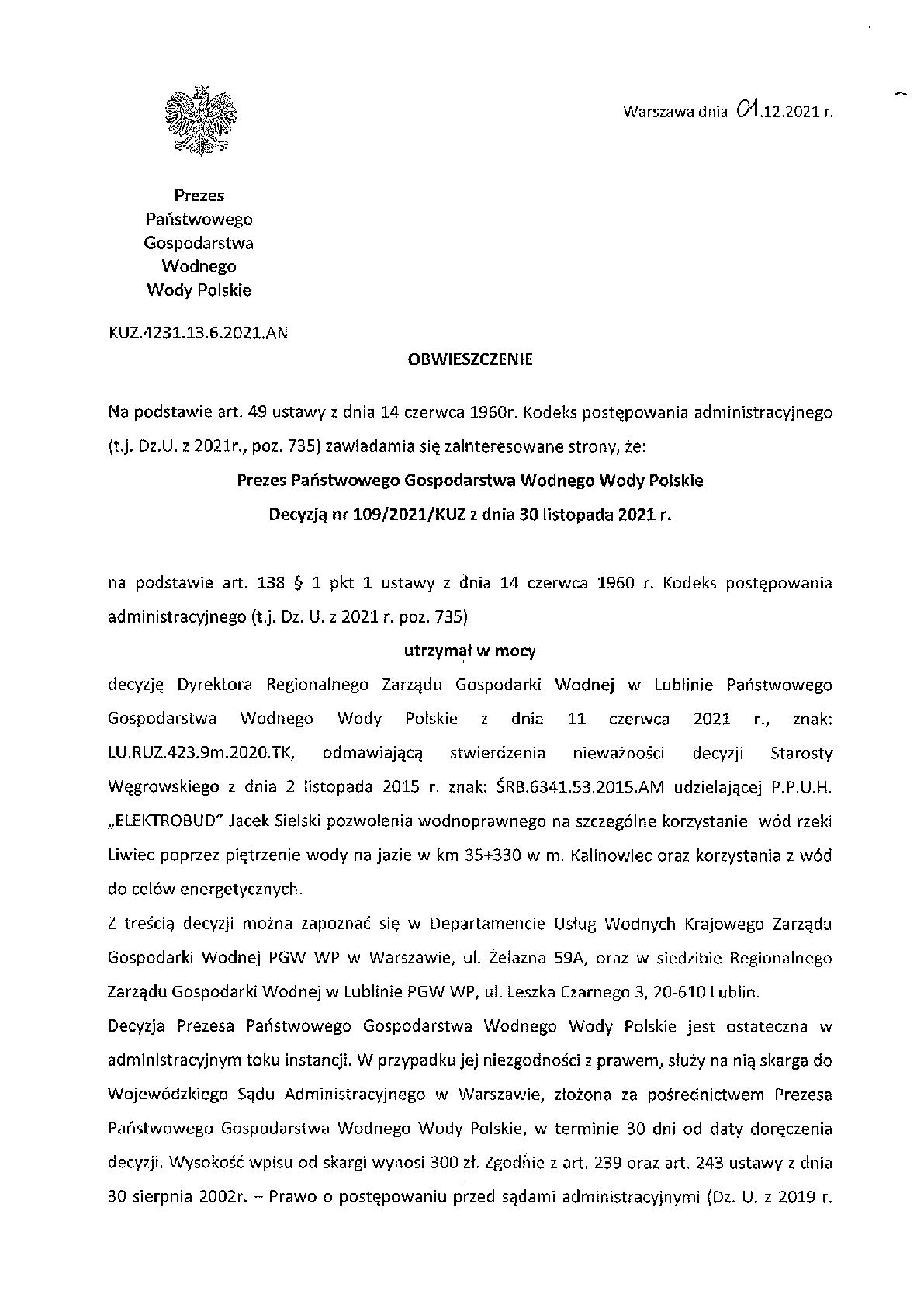 Obwieszczenie Prezesa Państwowego Gospodarstwa Wodnego Wody Polskie z dnia 1 grudnia 2021 roku